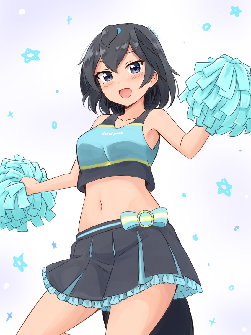 1girl :d absurdres alternate_costume bangs bird_tail bird_wings black_hair black_skirt black_wings blush bow breasts cheering cheerleader commentary crop_top eyebrows_visible_through_hair feathered_wings frilled_skirt frills greater_lophorina_(kemono_friends) grey_eyes hair_between_eyes head_wings highres kemono_friends kemono_friends_3 looking_at_viewer medium_breasts midriff navel open_mouth pleated_skirt pom_poms shiraha_maru shirt short_hair simple_background skirt smile solo star_(symbol) thighs twitter_username white_background wings