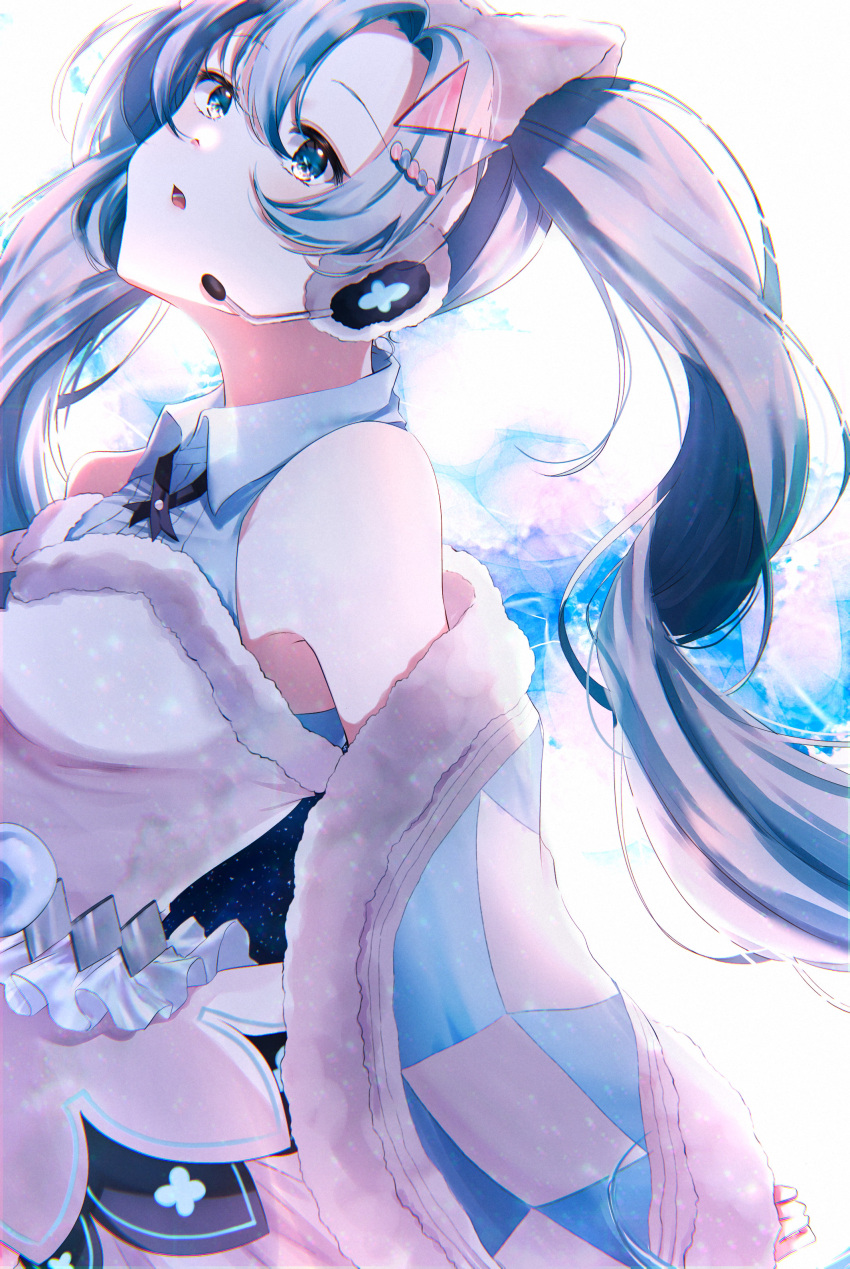 1girl absurdres aqua_eyes aqua_hair argyle_sleeves bare_shoulders commentary detached_sleeves dress fur-trimmed_dress fur-trimmed_headwear fur-trimmed_sleeves fur_trim hair_ornament hairclip half-closed_eyes hatsune_miku head_tilt headphones headset highres long_hair looking_at_viewer magical_mirai_(vocaloid) open_mouth solo twintails upper_body very_long_hair vocaloid white_dress wide_sleeves yura_458