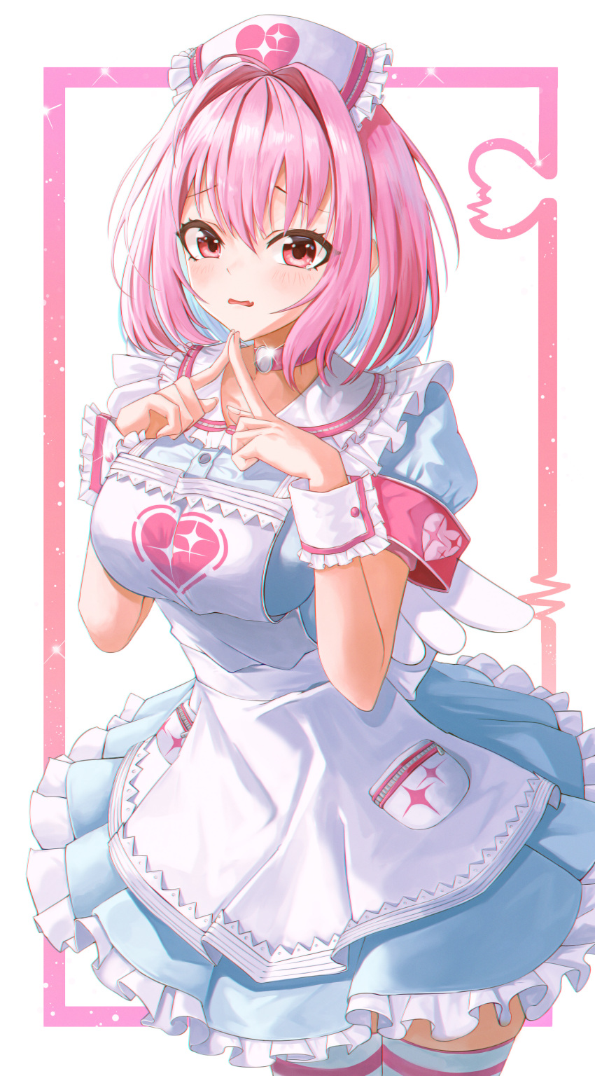 1girl absurdres apron bangs bexercube blue_eyes blue_hair blush breasts choker colored_inner_hair commentary cowboy_shot dress frilled_dress frilled_sailor_collar frills hair_between_eyes hat highres idolmaster idolmaster_cinderella_girls index_fingers_together large_breasts looking_at_viewer medium_hair multicolored_hair nurse nurse_cap pink_choker pink_hair red_eyes sailor_collar solo standing striped striped_legwear thigh-highs white_apron white_sailor_collar wrist_cuffs yumemi_riamu
