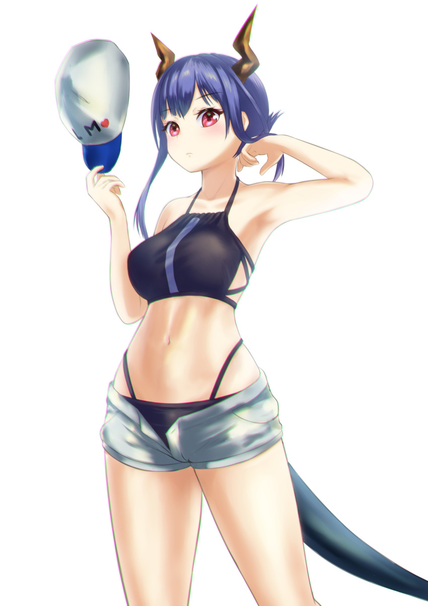 1girl arknights armpits bangs bare_arms bare_shoulders baseball_cap bikini black_bikini blue_hair breasts ch'en_(arknights) commentary_request cowboy_shot dorai dragon_horns dragon_tail female_tourist_c_(arknights) grey_shorts hands_up hat highres holding holding_clothes holding_hat horns long_hair looking_at_viewer medium_breasts navel open_fly partial_commentary red_eyes short_shorts shorts simple_background solo standing stomach swimsuit tail thighs white_background