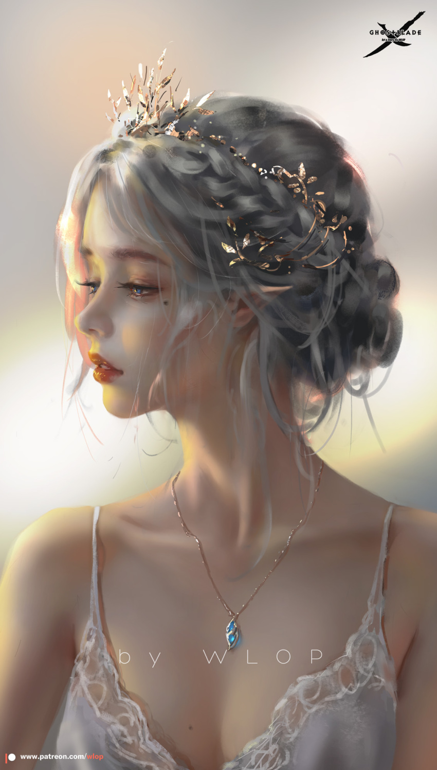 1girl blue_eyes braid collarbone crown_braid eyelashes ghostblade grey_hair highres jewelry lips looking_to_the_side mole mole_under_eye necklace nose red_lips sidelighting solo tiara upper_body wlop