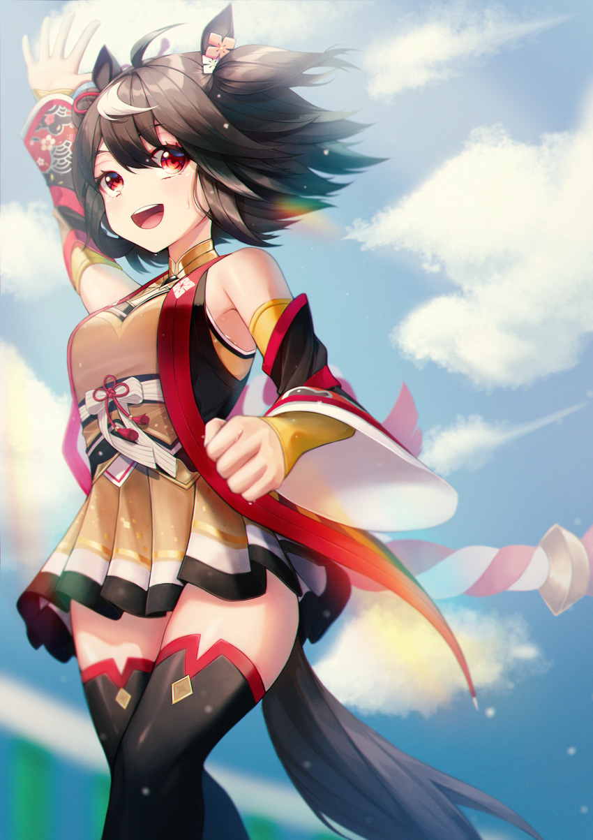 1girl :d ahoge animal_ears arm_up bare_shoulders black_hair black_legwear blue_sky breasts clouds day detached_sleeves dress hair_between_eyes hair_ornament highres horse_ears horse_girl horse_tail japanese_clothes kitasan_black long_sleeves looking_at_viewer multicolored_hair open_mouth outdoors outstretched_hand red_eyes sky smile sora_(men0105) streaked_hair tail thigh-highs thighs umamusume vest white_hair