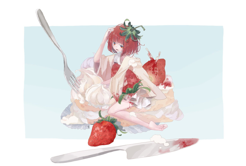 1girl aqua_background bangs bare_legs barefoot cake food fork fruit hand_up highres knife long_sleeves medium_hair open_mouth original red_eyes redhead simple_background solo strawberry strawberry_shortcake thumpthum