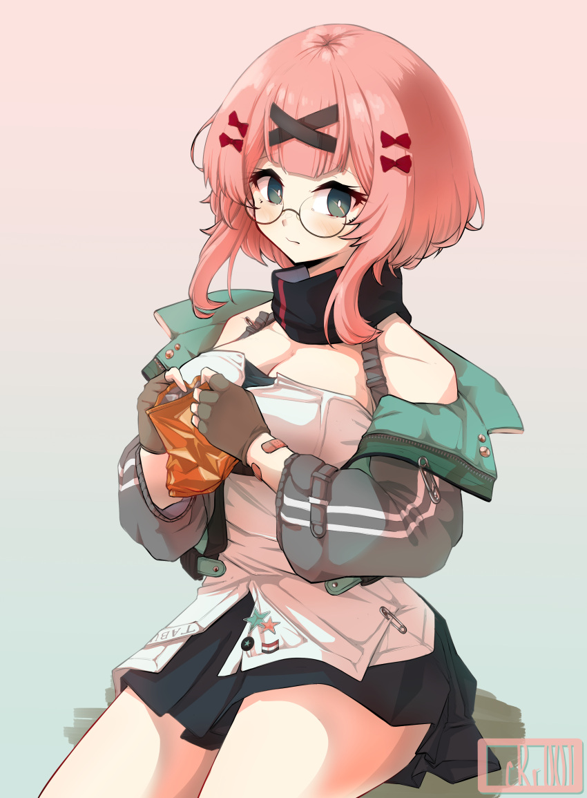 1girl absurdres bandaged_arm bandages breasts character_name chips crr001 fingerless_gloves food girls_frontline glasses gloves hair_ornament highres holding holding_food iraqi_flag jacket large_breasts pink_hair safety_pin scarf short_hair short_hair_with_long_locks solo star_pin tabuk_(girls_frontline) x_hair_ornament
