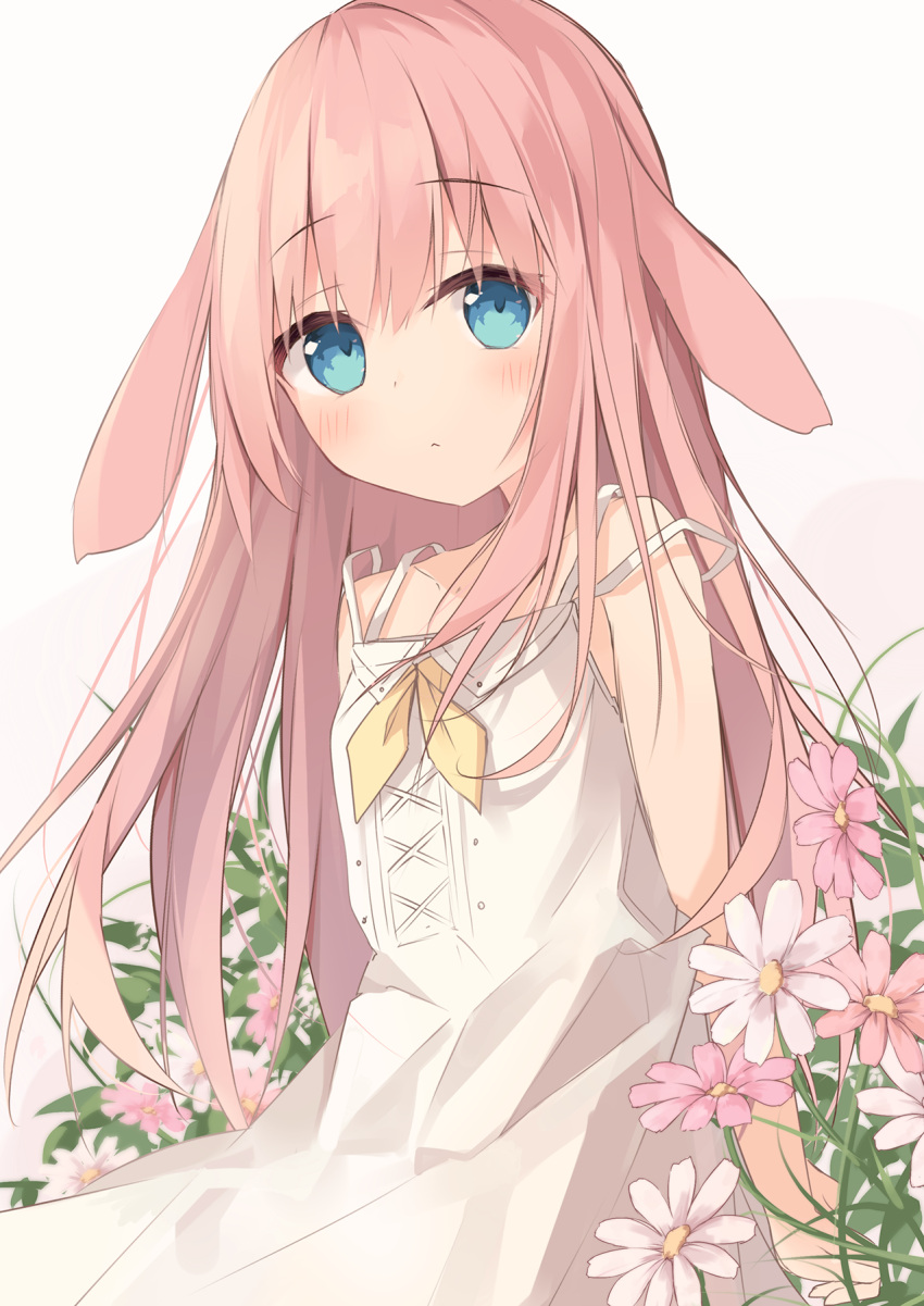 1girl animal_ears bangs bare_arms bare_shoulders blue_eyes blush closed_mouth commentary_request dress eyebrows_visible_through_hair flower hair_between_eyes highres kushida_you long_hair looking_at_viewer original pink_flower pink_hair rabbit_ears sleeveless sleeveless_dress solo strap_slip very_long_hair white_background white_dress white_flower yellow_neckwear