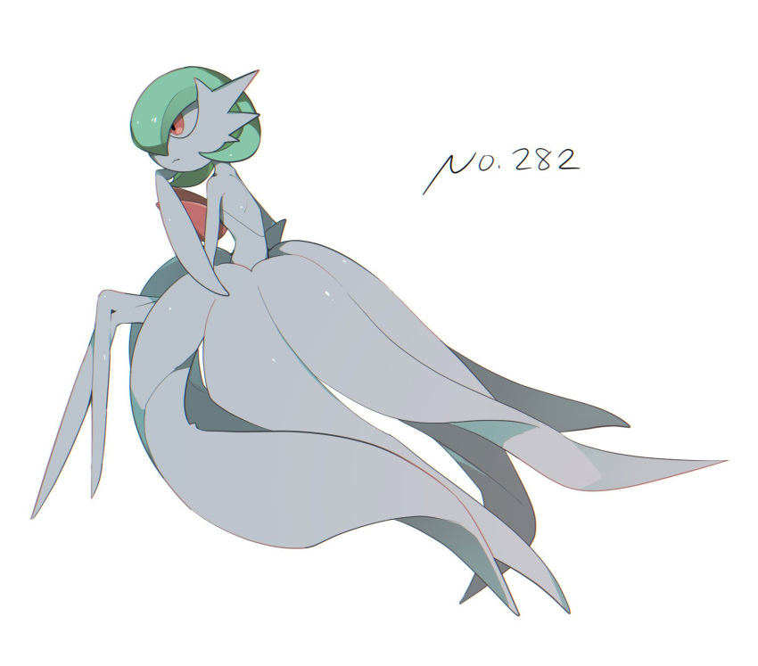 alu_drp closed_mouth colored_skin commentary_request from_side full_body gardevoir gen_3_pokemon hand_up highres invisible_chair mega_gardevoir mega_pokemon number orange_eyes pokemon simple_background sitting white_background white_skin