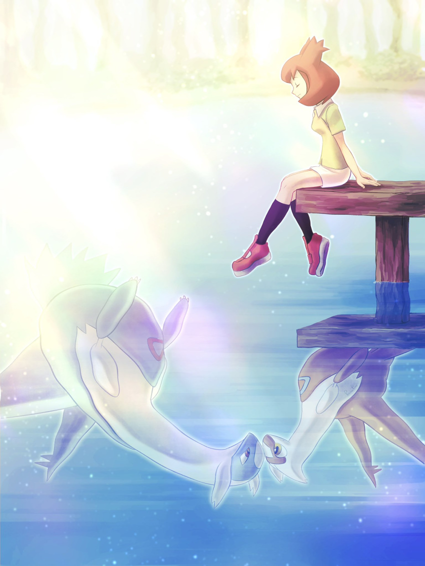 1girl arm_support bianca_(pokemon_heroes) black_legwear brown_hair closed_eyes closed_mouth commentary_request day different_reflection dress green_shirt highres kneehighs knees latias latios medium_hair outdoors pokemon pokemon_(anime) pokemon_(classic_anime) pokemon_heroes:_latios_&amp;_latias ponkotsu_tanupon reflection shirt shoes short_sleeves sitting water white_dress