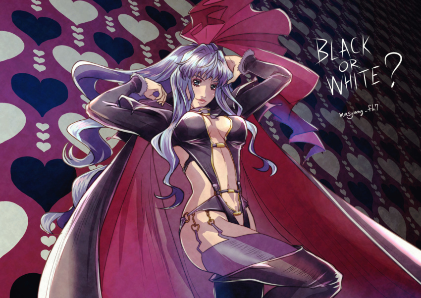 1girl bangs black_cape black_footwear blue_hair boots breasts cape floating_hair green_eyes leotard long_hair looking_at_viewer macross macross_frontier medium_breasts navel official_alternate_costume ryu_(masu_nantoka-san) sheryl_nome smile solo thigh-highs thigh_boots