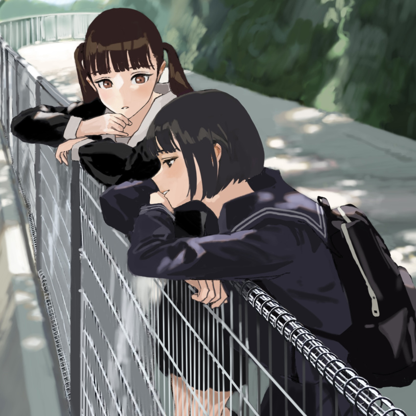 2girls backpack bag black_blouse black_eyes black_hair black_skirt blouse blue_blouse blue_sailor_collar blue_serafuku blurry brown_eyes brown_hair collar crossed_arms depth_of_field fence hand_on_own_chin highres hiramedousa leaning_on_rail looking_at_another multiple_girls open_mouth original outdoors profile sailor_collar school_uniform serafuku shade short_hair skirt twintails white_collar