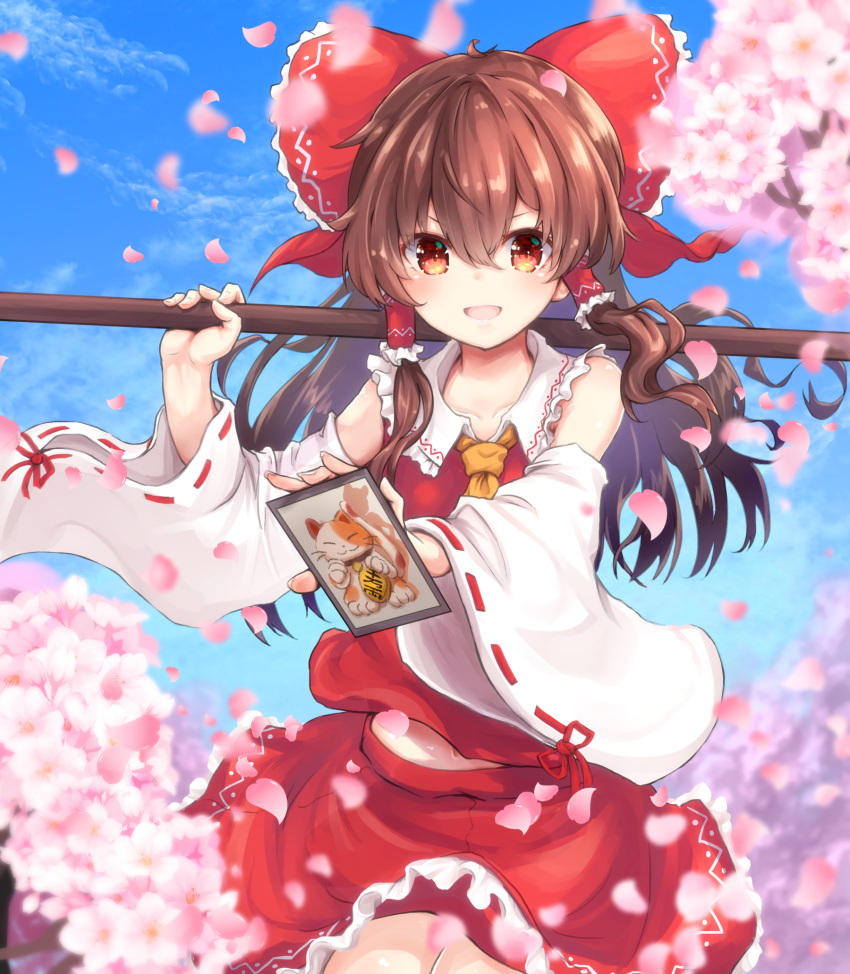 1girl :d ahoge ascot bare_shoulders blurry blush bow breasts brown_eyes brown_hair card cherry_blossoms coin collarbone commentary_request cowboy_shot day depth_of_field detached_sleeves eyebrows_visible_through_hair falling_petals flower frills gohei goutokuji_mike goutokuji_mike_(cat) hair_between_eyes hair_bow hair_tubes hakurei_reimu hand_up highres holding holding_card holding_stick long_hair looking_at_viewer maneki-neko open_mouth outdoors petals pink_flower rabittofaa red_bow red_skirt red_vest sidelocks skirt sky small_breasts smile solo stick touhou unconnected_marketeers v-shaped_eyebrows vest wide_sleeves yellow_neckwear