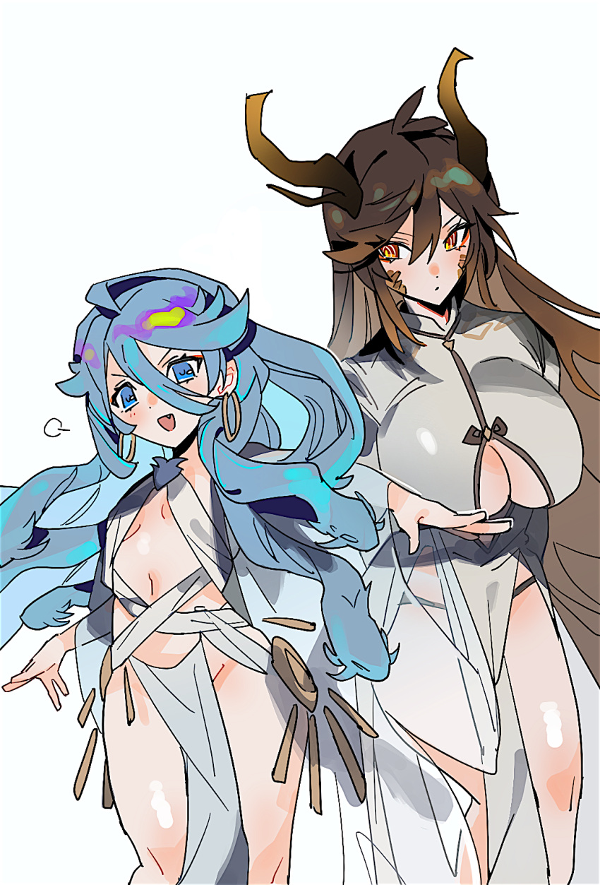 2girls bangs blue_eyes blue_hair blush breasts brown_hair child china_dress chinese_clothes cleavage_cutout closed_mouth clothing_cutout commentary_request dragon_girl dragon_horns dress earrings eyeliner eyeshadow fang genderswap genderswap_(mtf) genshin_impact gradient_hair hair_between_eyes highres hoop_earrings horns jewelry large_breasts long_hair long_sleeves looking_at_another makeup mimlmi multicolored_hair multiple_girls navel open_mouth orange_hair osial_(genshin_impact) personification red_eyeshadow scales simple_background snake_hair thong veil very_long_hair white_background yellow_eyes zhongli_(genshin_impact)