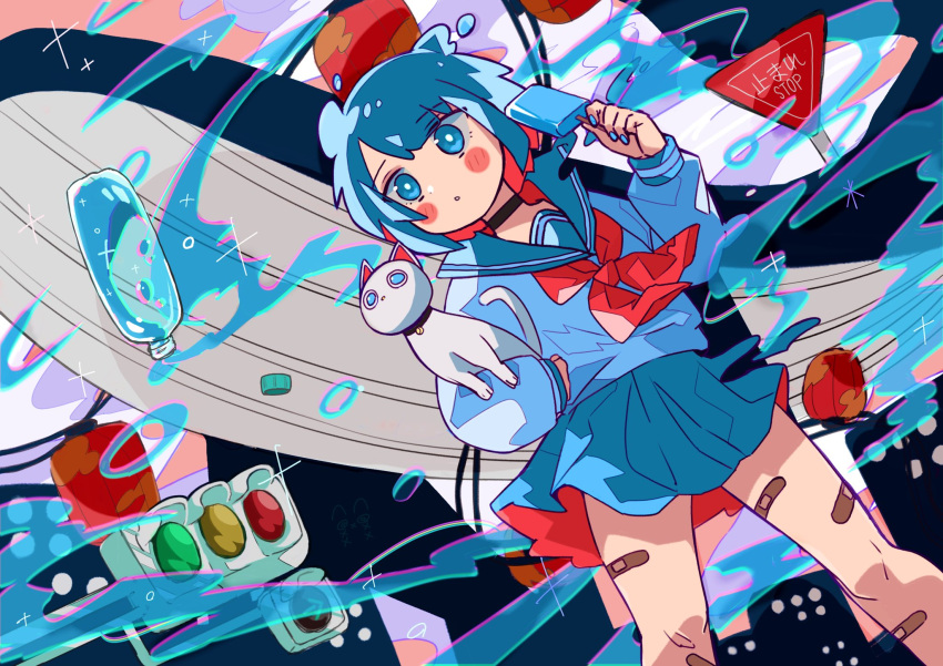 1girl bandaid bandaid_on_leg bangs black_choker blue_hair blue_nails blue_sailor_collar blue_skirt blush borrowed_character bottle cat choker cider_girl_(haru57928031) eyebrows_visible_through_hair feet_out_of_frame food hand_up highres original pleated_skirt popsicle sailor_collar shirt short_hair sign skirt solo traffic_light whale white_cat white_shirt xekqgrawakghn5f