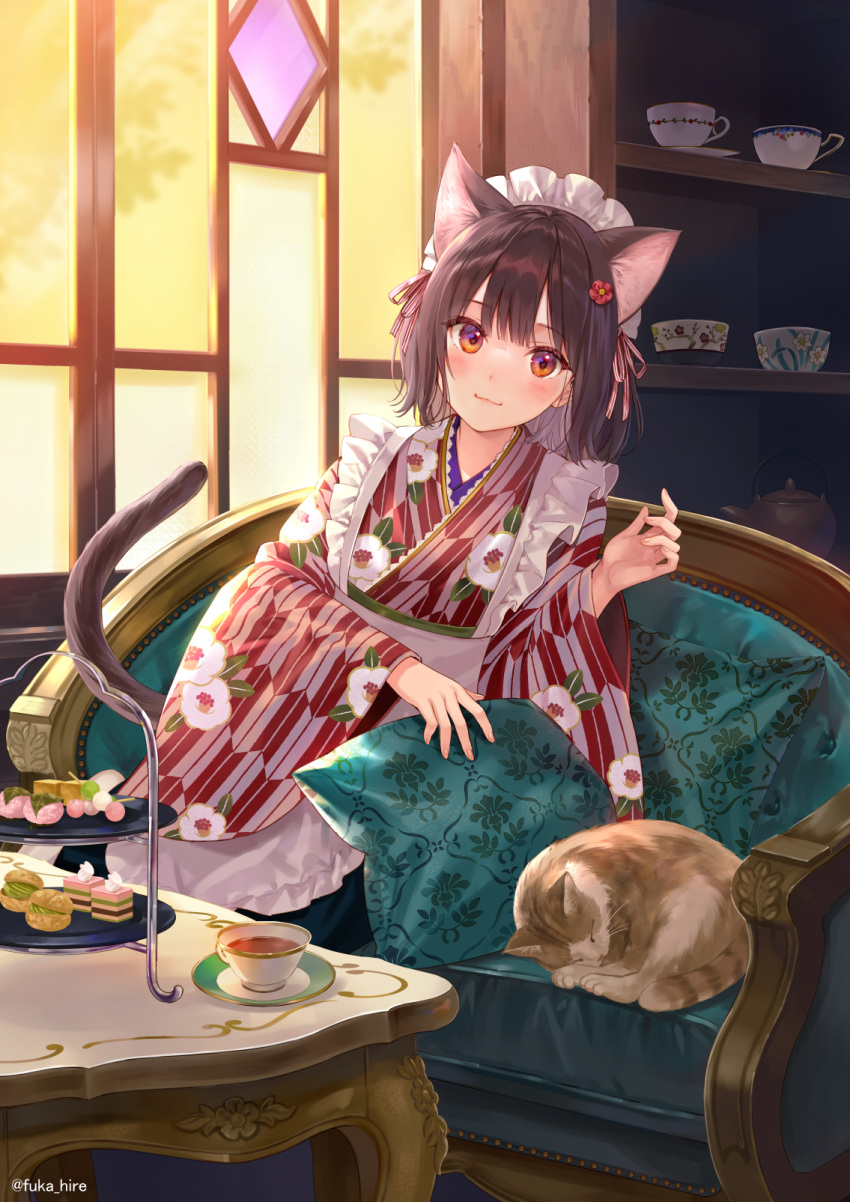 1girl animal_ears apron blush brown_hair cabinet cat cat_ears cat_girl cat_tail closed_mouth couch flower fukahire_(ruinon) hair_flower hair_ornament highres indoors japanese_clothes kimono looking_at_viewer maid_apron maid_headdress medium_hair original pillow red_eyes smile solo table tail window