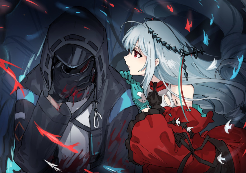 1girl 1other aqua_gloves arknights ascot bangs bare_shoulders black_gloves black_neckwear blood bloody_clothes blush breasts clothing_cutout commentary_request covering_face detached_sleeves doctor_(arknights) dress fish gloves hands_on_another's_shoulder headgear highres hood hooded_jacket jacket long_hair long_sleeves looking_at_another mabing navel_cutout no_hat no_headwear red_dress red_eyes short_dress silver_hair skadi_(arknights) skadi_the_corrupting_heart_(arknights) solo upper_body very_long_hair visor