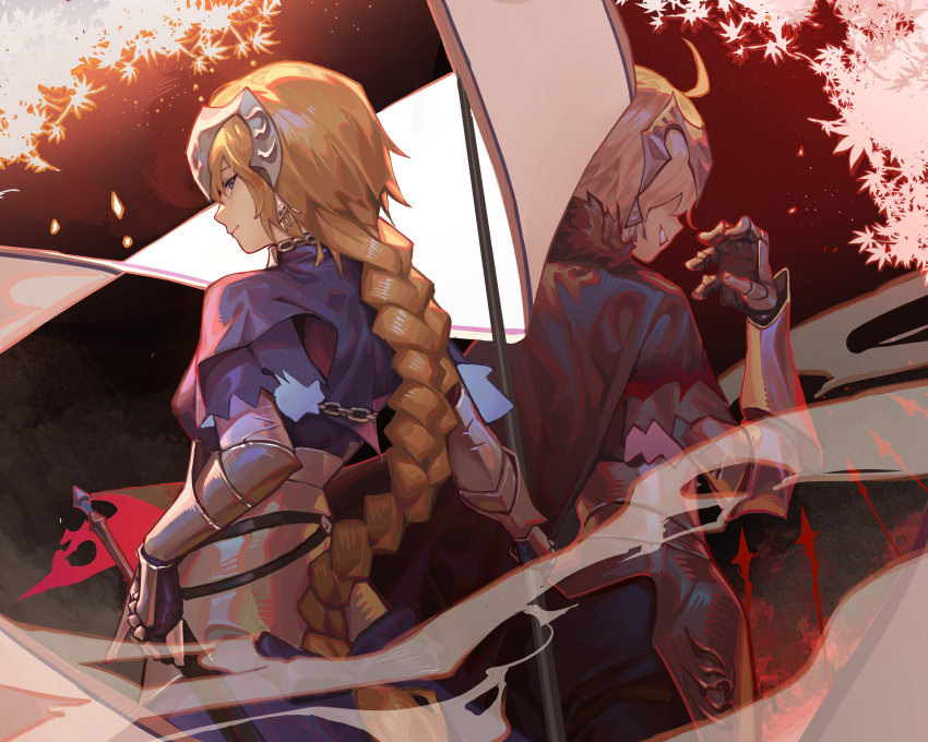 2girls absurdres armor blonde_hair blue_eyes braid breasts fate/apocrypha fate/grand_order fate_(series) from_behind grey_hair headpiece highres jeanne_d'arc_(alter)_(fate) jeanne_d'arc_(fate) jeanne_d'arc_(fate)_(all) jinlin large_breasts long_hair looking_at_viewer multiple_girls revision short_hair single_braid smile upper_body very_long_hair yellow_eyes