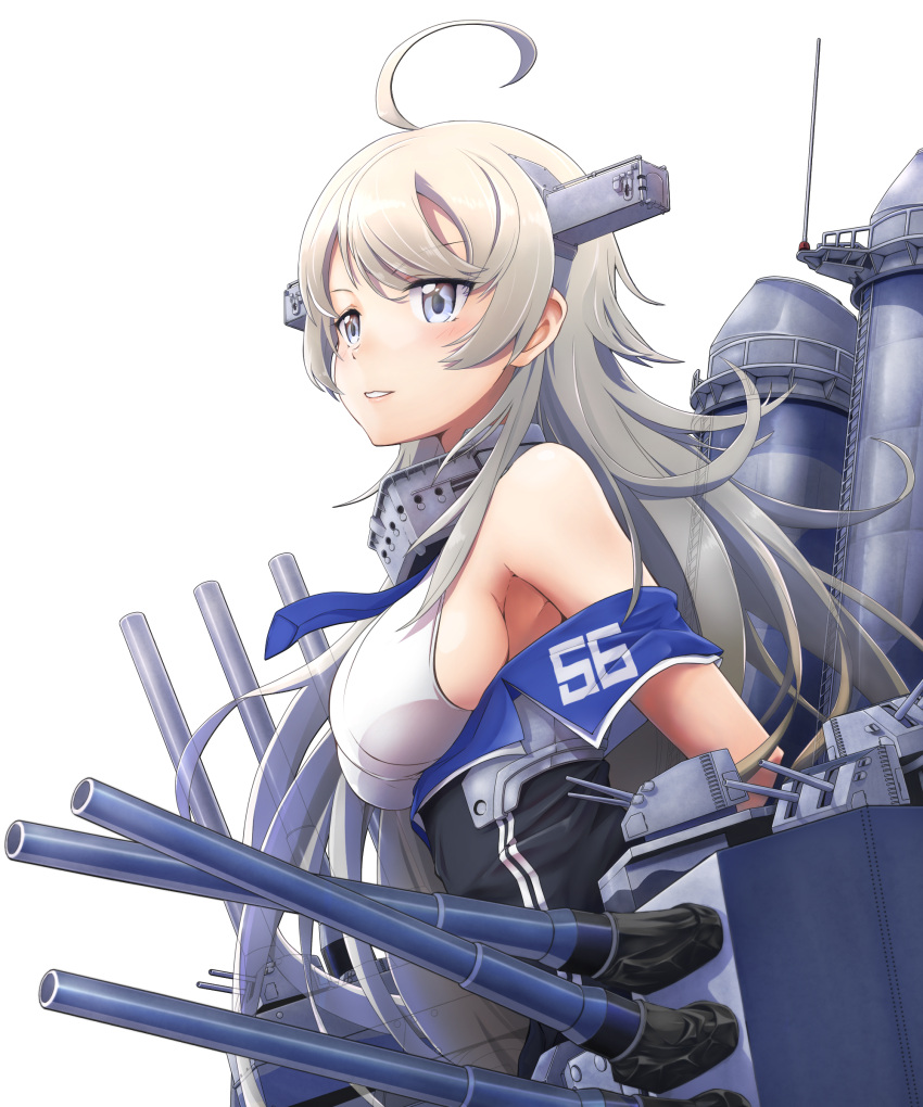 1girl absurdres ahoge bare_shoulders blue_neckwear breasts cannon grey_eyes headgear highres kantai_collection large_breasts long_hair necktie rigging shirt silver_hair sleeveless sleeveless_shirt smokestack solo tr-6 turret washington_(kancolle) white_shirt