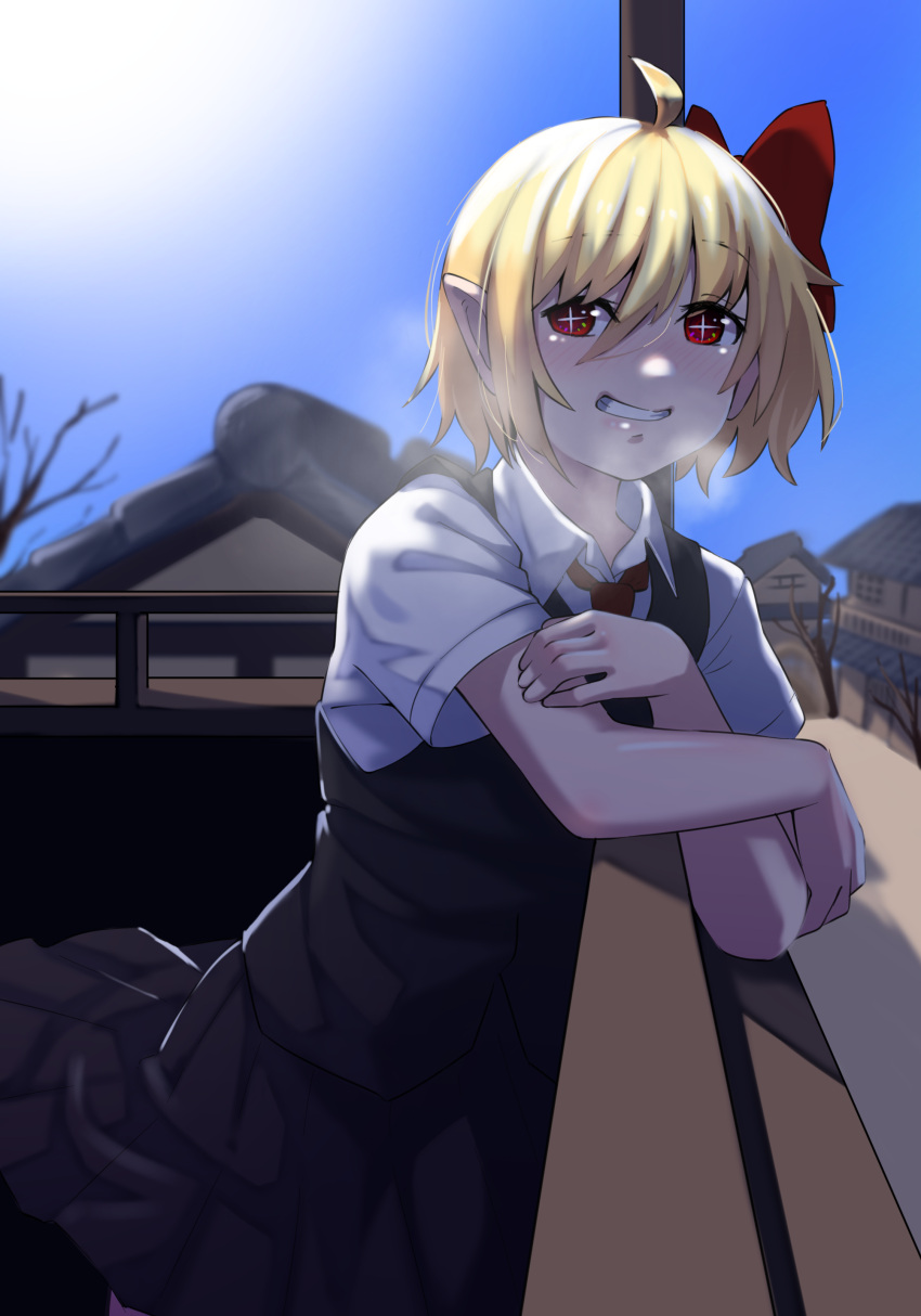 1girl absurdres black_skirt black_vest blonde_hair bow commentary_request hair_bow highres mikazato outdoors red_bow red_eyes rumia short_hair short_sleeves skirt smile solo sun touhou tree vest