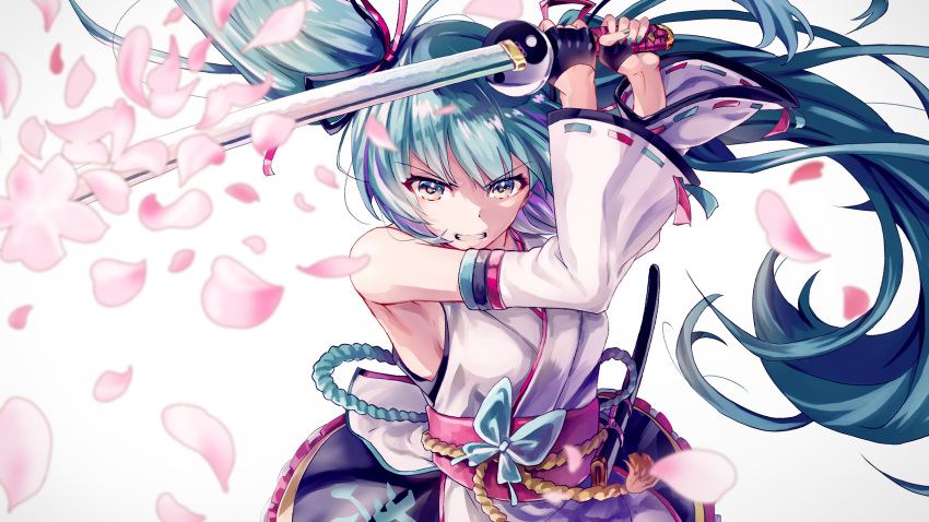 1girl aqua_hair aqua_nails black_gloves butterfly_ornament cherry_blossoms clenched_teeth commentary_request detached_sleeves falling_petals fighting_stance fingerless_gloves floating_hair flower gloves half_gloves hatsune_miku highres holding holding_sword holding_weapon japanese_clothes k2pudding katana kimono long_hair looking_at_viewer obi petals pink_flower rope sash sheath solo sword teeth twintails upper_body v-shaped_eyebrows very_long_hair vocaloid weapon white_background white_kimono white_sleeves yellow_eyes yin_yang