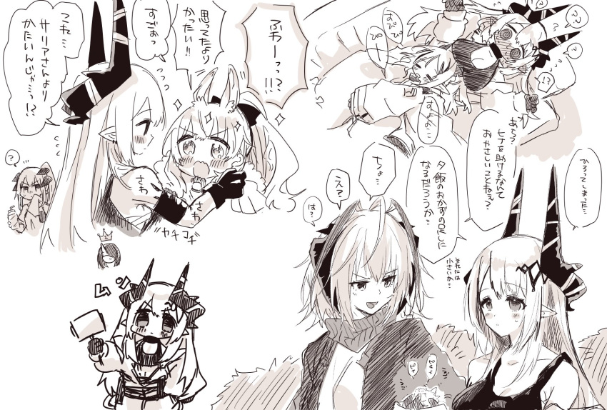 6+girls ? @_@ an_fyhx animal_ears arknights blemishine_(arknights) blush character_request collarbone drooling gloves greyscale hammer highres holding holding_hammer horns horse_ears hoshiguma_(arknights) long_hair monochrome mudrock_(arknights) multiple_girls pillow pointy_ears saria_(arknights) short_hair sleeping sleeping_on_person sparkle spoken_question_mark translation_request w_(arknights)