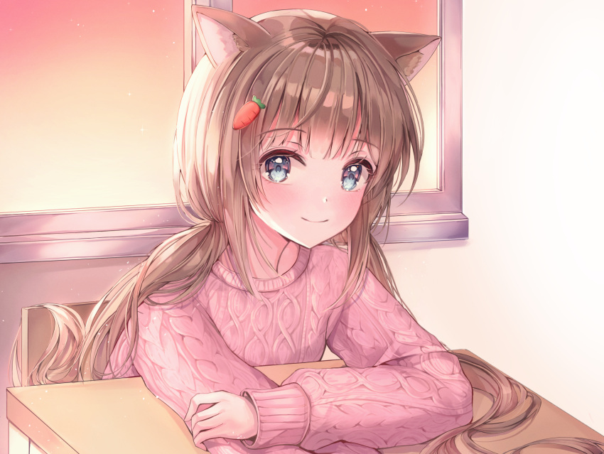 1girl animal_ear_fluff animal_ears aran_sweater blue_eyes blush brown_hair carrot_hair_ornament cat_ears chair closed_mouth commentary commission desk english_commentary food_themed_hair_ornament hair_ornament highres indoors long_hair long_sleeves looking_at_viewer low_twintails original pink_sweater puffy_long_sleeves puffy_sleeves sitting sleeves_past_wrists smile solo ssum_(ehf_dustk) sweater twintails upper_body very_long_hair window