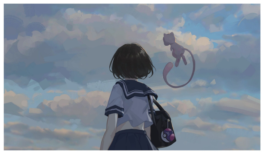 1girl bag black_bag blue_sailor_collar border brown_hair clouds commentary day from_below handbag he_c92 highres master_ball mew original outdoors pleated_skirt poke_ball pokemon pokemon_(creature) sailor_collar shiny shiny_hair shirt short_hair short_sleeves skirt sky white_border white_shirt