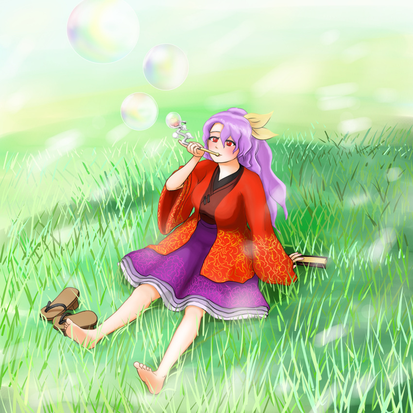 barefoot bubble bubble_blowing field highres komakusa_sannyo pipe pipe_in_mouth purple_hair shoes_removed touhou unconnected_marketeers