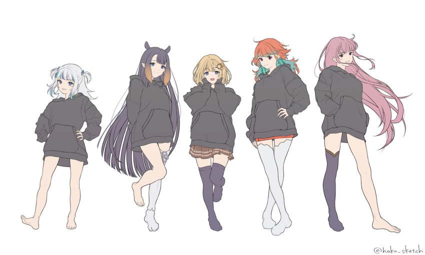 5girls arms_behind_back black_hoodie blonde_hair blue_eyes everyone gawr_gura hako_sketch hands_in_pockets highres hololive hololive_english hood hoodie long_hair mori_calliope multiple_girls ninomae_ina'nis orange_hair pink_hair purple_hair silver_hair simple_background single_thighhigh sleeves_past_wrists takanashi_kiara thigh-highs twitter_username virtual_youtuber watson_amelia white_background