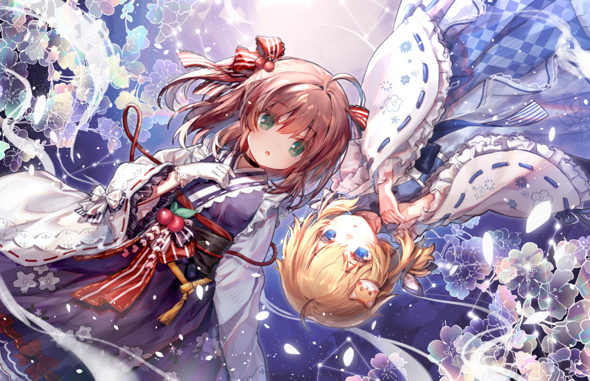 2girls :o ahoge black_kimono blonde_hair blue_bow blue_eyes blue_kimono bow brown_hair checkered cherry_hair_ornament commentary_request copyright_request floral_background food_themed_hair_ornament frilled_sleeves frills gloves green_eyes hair_bow hair_ornament hands_clasped hands_up highres japanese_clothes kimono long_sleeves multiple_girls obi own_hands_together parted_lips red_bow ribbon-trimmed_sleeves ribbon_trim sash shenbei_xiaoqiu striped striped_bow two_side_up virtual_youtuber white_gloves wide_sleeves
