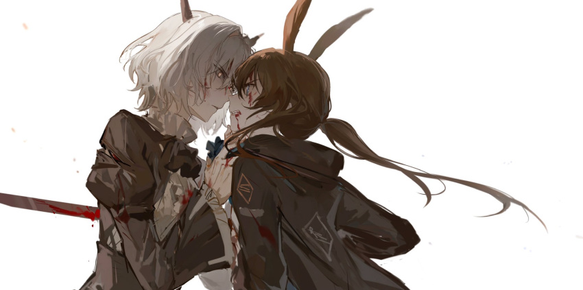 2girls amiya_(arknights) angry animal_ears arknights black_dress blood blood_on_face bloody_weapon blue_eyes bunny_girl dragon_girl dragon_horns dress face-to-face hand_on_another&amp;#039;s_chin highres hood hooded_jacket hoodie horns jacket long_hair looking_at_another multiple_girls rabbit_ears short_hair silver_hair stab sword talulah_(arknights) ume_9717 weapon yellow_eyes
