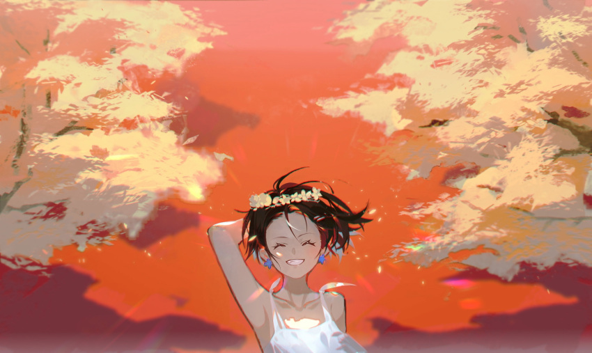 1girl arms_up bare_arms bare_shoulders black_hair closed_eyes collarbone dress earrings fang head_wreath highres jewelry lens_flare original outdoors red_background short_hair sleeveless sleeveless_dress smile solo tree upper_body white_dress wide_shot zhanjin