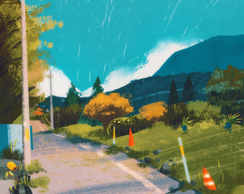 bellsprout blue_sky commentary english_commentary gen_1_pokemon grass highres mountain no_humans oddish outdoors pokemon pokemon_(creature) power_lines road simone_mandl sky traffic_cone tree utility_pole