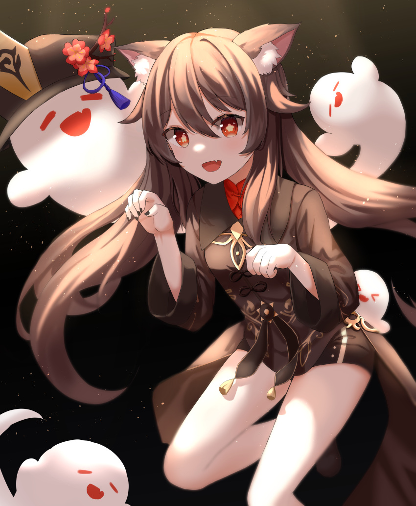 1girl :d absurdres animal_ear_fluff animal_ears bangs black_background black_nails blush brown_hair brown_headwear brown_shirt brown_shorts cat_ears chinese_clothes commentary eyebrows_visible_through_hair fang fast_owl fingernails flower genshin_impact ghost hair_between_eyes hat hat_flower highres hu_tao huge_filesize kemonomimi_mode long_hair long_sleeves looking_at_viewer nail_polish open_mouth paw_pose red_eyes red_flower shirt short_shorts shorts skin_fang smile solo standing standing_on_one_leg star-shaped_pupils star_(symbol) symbol-shaped_pupils tailcoat tassel twintails very_long_hair
