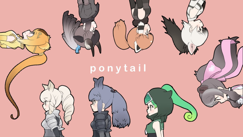 6+girls aardwolf_(kemono_friends) aardwolf_ears animal_ears armor arms_at_sides bare_shoulders bear_ears bergman's_bear_(kemono_friends) black_hair black_rhinoceros_(kemono_friends) black_wildebeest_(kemono_friends) blonde_hair bow breastplate brown_hair circlet closed_mouth detached_hood drill_hair drill_ponytail elbow_gloves english_text extra_ears floating_hair forehead_protector from_side fur_collar gloves golden_snub-nosed_monkey_(kemono_friends) green_hair grey_hair hair_bow high_ponytail highres hood hood_up horns kemono_friends kuromitsu_(9633_kmfr) lesser_panda_(kemono_friends) light_smile long_hair long_sleeves monkey_ears multicolored_hair multiple_girls orange_hair panther_chameleon_(kemono_friends) parted_lips red_panda_ears redhead rhinoceros_ears rotational_symmetry shirt short_sleeves shoulder_armor sidelocks simple_background sleeveless sleeveless_shirt upper_body upside-down very_long_hair white_rhinoceros_(kemono_friends)