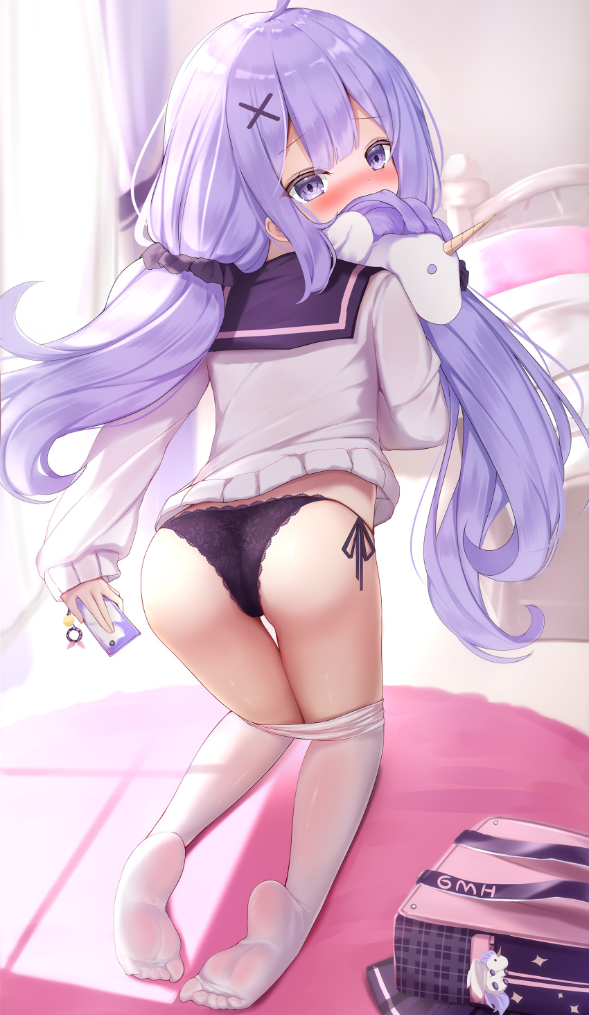1girl absurdres ahoge ass azur_lane bag bangs bed bed_sheet bedroom black_panties blunt_bangs blurry blush cellphone commentary_request covering_mouth dappled_sunlight depth_of_field doll_hug eyebrows_visible_through_hair eyes_visible_through_hair from_behind hair_ornament hair_tubes highres holding holding_phone irokari long_hair looking_at_viewer looking_back low_twintails no_shoes on_bed panties pantyhose pantyhose_removed phone purple_hair school_bag school_uniform serafuku side-tie_panties sidelocks skirt skirt_removed smartphone soles solo stuffed_animal stuffed_toy stuffed_winged_unicorn sunlight taking_picture twintails underwear unicorn_(amusement_park_date)_(azur_lane) unicorn_(azur_lane) violet_eyes white_legwear window x_hair_ornament