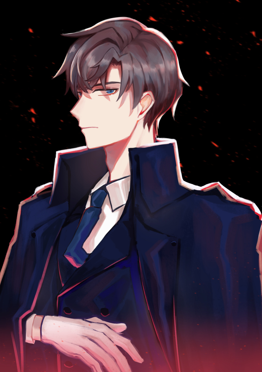 1boy absurdres artem_wing_(tears_of_themis) bangs black_background black_coat blue_eyes blue_necktie brown_hair closed_mouth coat formal gloves highres long_sleeves looking_at_viewer necktie polo_shirt shirt short_hair simple_background solo tears_of_themis user_fwmv7447 white_gloves white_shirt