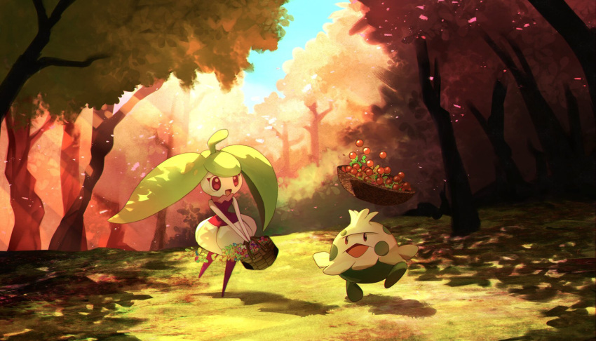 :d basket berry commentary_request day gen_3_pokemon gen_7_pokemon grass happy highres holding holding_basket open_mouth outdoors pokemon pokemon_(creature) ribero shroomish sky smile standing standing_on_one_leg steenee tongue tree