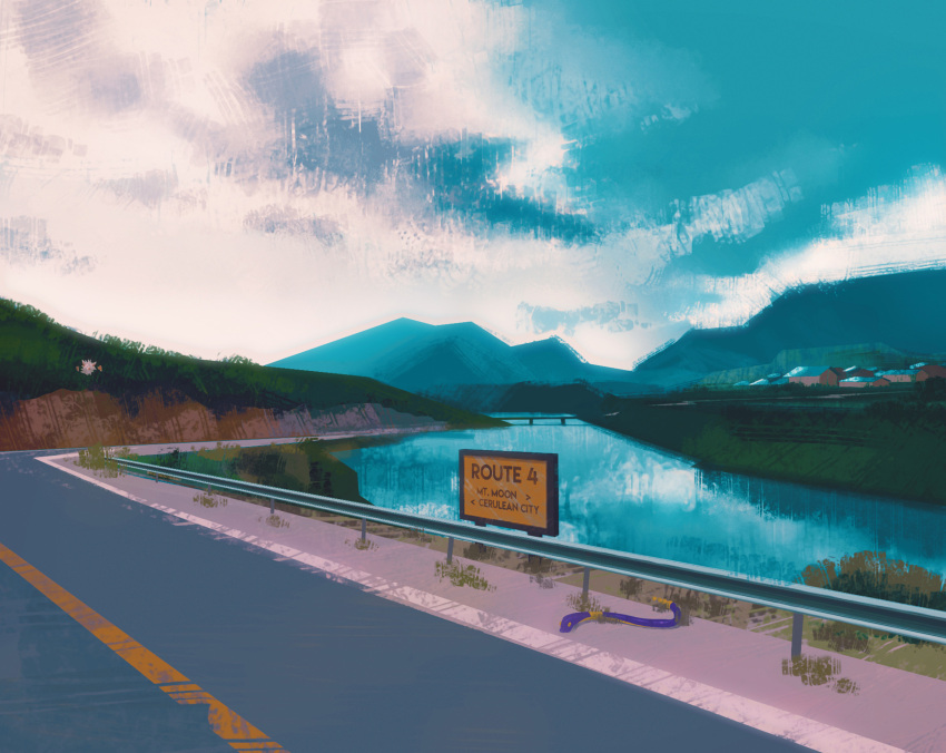 blue_sky bridge building bush cerulean_city cloud cloudy_sky commentary ekans english_commentary english_text gen_1_pokemon grass highres house mankey mountain nature no_humans outdoors plant pokemon pokemon_(creature) road sign signpost simone_mandl sky water