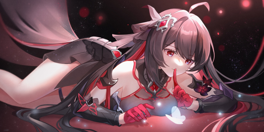 1girl ahoge bangs bare_shoulders black_hair breasts bug butterfly dress eyebrows_visible_through_hair gloves gou_lianlian_dogface hair_ornament highres honkai_(series) honkai_impact_3rd insect long_hair lying on_stomach red_eyes red_gloves seele_vollerei solo very_long_hair