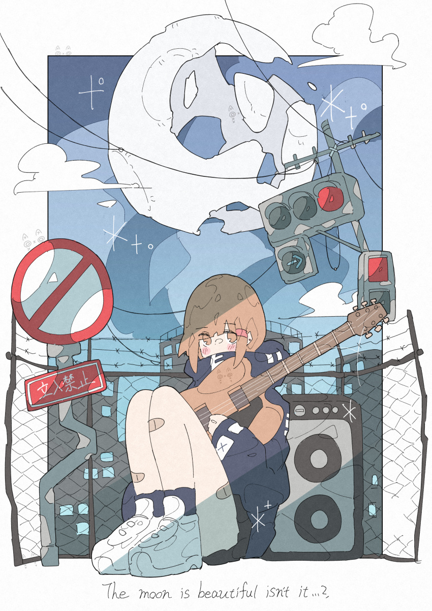 1girl absurdres bandaid bandaid_on_leg bangs black_legwear blue_sky blush brown_eyes brown_hair clouds cloudy_sky covered_mouth english_text fence guitar haru57928031 highres holding holding_instrument instrument knees_up long_sleeves looking_at_viewer original shoes short_hair sign sky socks solo traffic_light white_footwear wide_shot