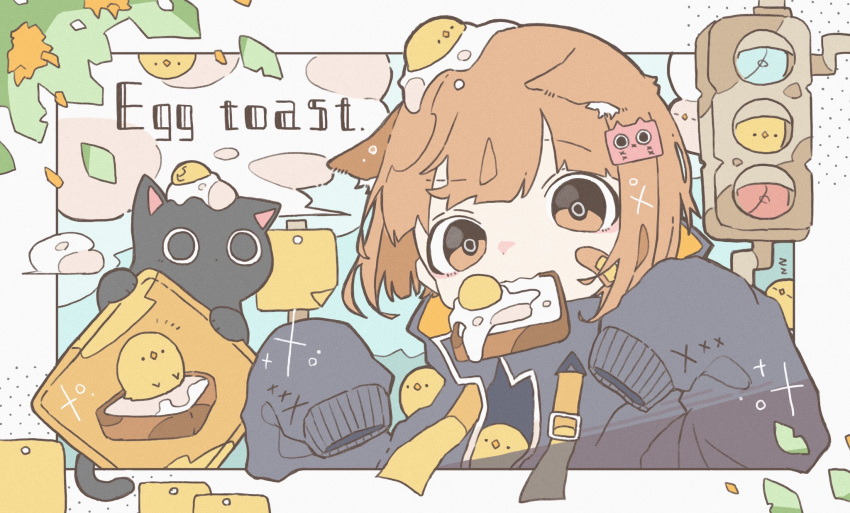 1girl animal_ears bandaid bandaid_on_face bangs black_jacket bocha_2_2 borrowed_character brown_hair cat_ears clouds egg_toast_girl_(haru57928031) eyebrows_visible_through_hair fried_egg fried_egg_on_toast highres jacket leaf looking_at_viewer mouth_hold original plant short_hair sign sleeves_past_fingers sleeves_past_wrists solo traffic_light upper_body