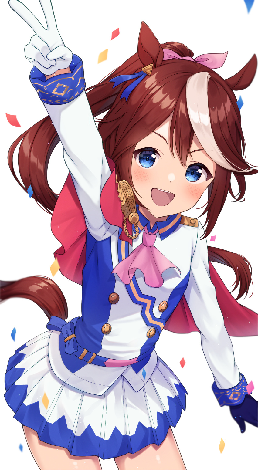 1girl :d absurdres animal_ears arm_up ascot black_gloves blue_eyes brown_hair buttons cape cowboy_shot epaulettes gloves hair_between_eyes high_ponytail highres horse_ears horse_girl horse_tail long_hair long_sleeves miniskirt mismatched_gloves mochiko_(uyu_omochi) multicolored_hair open_mouth pink_neckwear pleated_skirt red_cape simple_background single_epaulette skirt smile solo streaked_hair tail tokai_teio_(umamusume) two-tone_hair two-tone_jacket two-tone_skirt umamusume v white_background white_gloves white_hair white_skirt