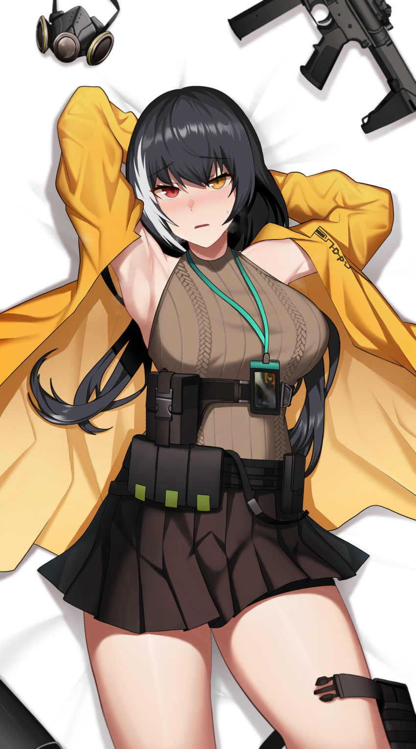 1girl absurdres armpits arms_up bangs bare_legs black_hair black_skirt blush breasts cero_(last2stage) coat commentary_request commission eyebrows_visible_through_hair gas_mask girls_frontline gun heterochromia highres korean_commentary lanyard large_breasts long_hair long_sleeves looking_at_viewer lying miniskirt mod3_(girls_frontline) multicolored_hair on_back parted_lips red_eyes revision ro635_(girls_frontline) skirt sleeveless_sweater solo streaked_hair sweater weapon white_hair yellow_coat yellow_eyes