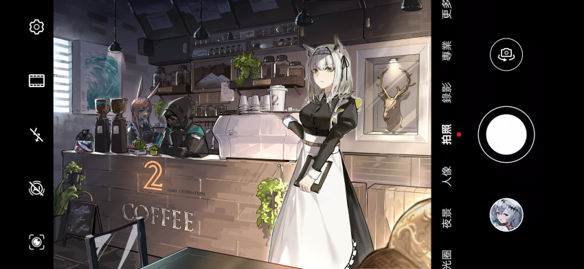 1other 2girls alternate_costume ambiguous_gender amiya_(arknights) animal_ears apron arknights ascot bangs black_dress black_jacket blue_eyes blue_neckwear breasts brown_hair camera choker coffee collared_dress commentary_request counter cup doctor_(arknights) dress english_text enmaided eyebrows_visible_through_hair frills green_eyes hair_between_eyes highres holding hood hooded_jacket hoodie indoors jacket kal'tsit_(arknights) long_sleeves looking_at_viewer lynx_ears maid maid_apron maid_headdress mask multiple_girls painting_(object) plant rabbit_ears shop silver_hair sleeve_cuffs spinning_wheel stuffed_animal stuffed_orca stuffed_toy taking_picture white_apron yuan_long