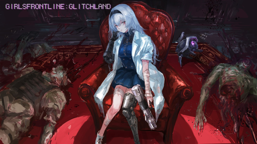 1girl black_hairband blood blue_skirt breasts coat corpse corset dinergate_(girls_frontline) girls_frontline girls_frontline_glitch_land gun guro hairband handgun highres holding holding_gun holding_weapon horror_(theme) labcoat long_hair mechanical_arms mechanical_legs medium_breasts osakana_(denpa_yun'yun) pistol robot science_fiction short_sleeves single_mechanical_arm single_mechanical_leg skirt solo_focus thunder_(girls_frontline) triple_action_thunder weapon white_coat white_hair zombie