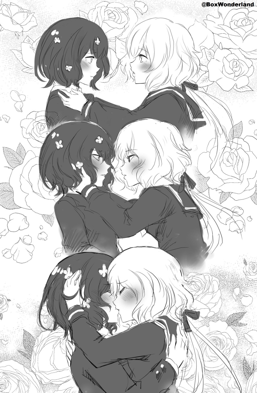 2girls absurdres angel_gabriel. blazer blush closed_eyes commentary couple eye_contact floral_background flower from_side hair_flower hair_ornament hair_ribbon hand_in_another's_hair hand_on_another's_back hand_on_another's_head highres jacket kiss konno_junko looking_at_another low_twintails mizuno_ai monochrome multiple_girls parted_lips petals profile ribbon rose rose_petals school_uniform serafuku short_hair sketch tears twintails twitter_username wavy_hair yuri zombie_land_saga