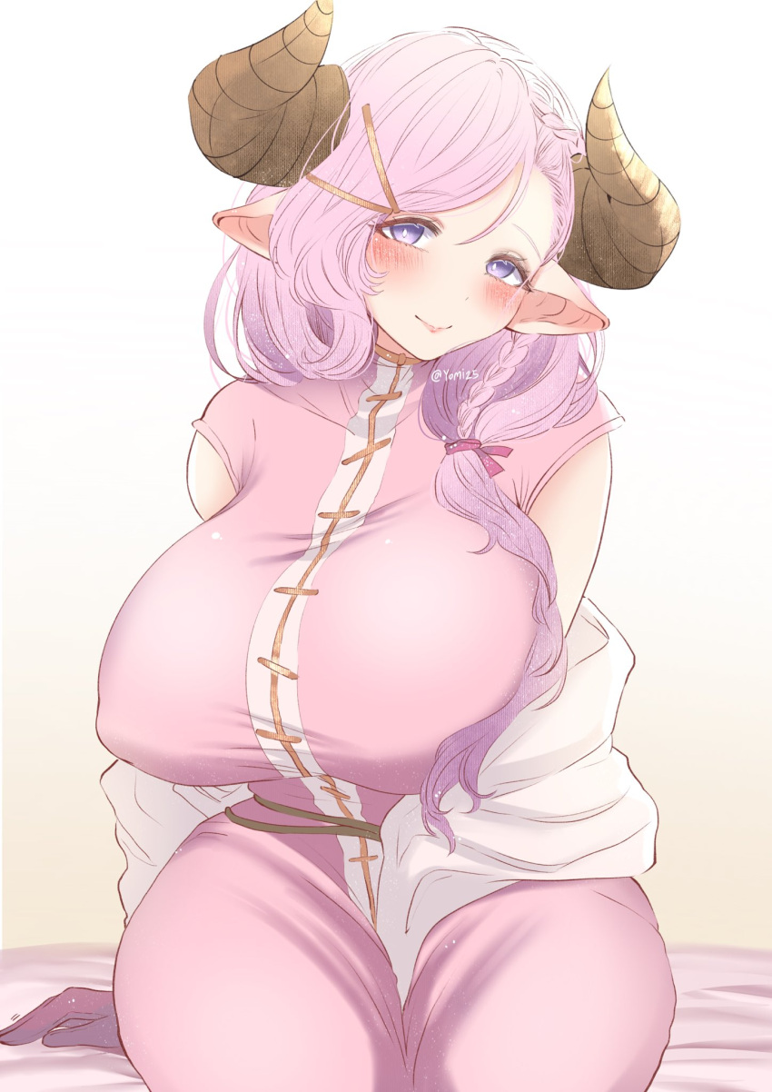 1girl akano_yomi blush braid breasts bright_pupils covered_nipples draph dress eyebrows_visible_through_hair gloves granblue_fantasy hair_ornament hairclip highres horns huge_breasts laruna_(granblue_fantasy) lips long_hair looking_at_viewer mature_female on_bed pink_dress pink_hair pointy_ears short_sleeves side_braid single_braid sitting sitting_on_bed smile solo tagme twitter_username violet_eyes white_pupils
