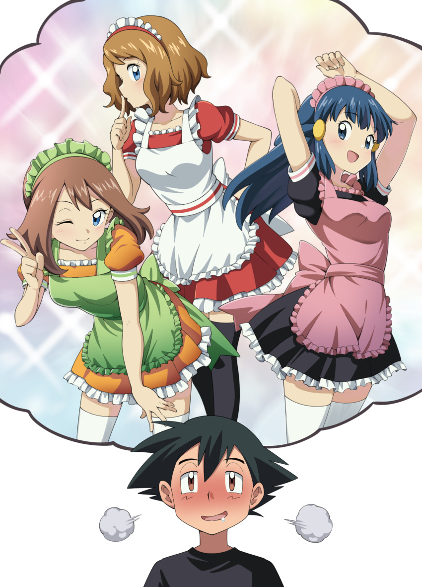 1boy 3girls ;) alternate_costume apron ash_ketchum bangs black_dress black_hair black_legwear blue_eyes blue_hair blush breasts brown_eyes brown_hair collarbone commentary hikari_(pokemon) dress english_commentary enmaided eyelashes frills green_apron hand_up highres imagining long_hair maid maid_headdress may_(pokemon) multiple_girls one_eye_closed open_mouth orange_dress pokemon pokemon_(anime) pokemon_dppt_(anime) pokemon_rse_(anime) pokemon_xy_(anime) red_dress serena_(pokemon) shirt short_hair short_sleeves smile suitenan t-shirt thigh-highs tongue v white_apron white_legwear