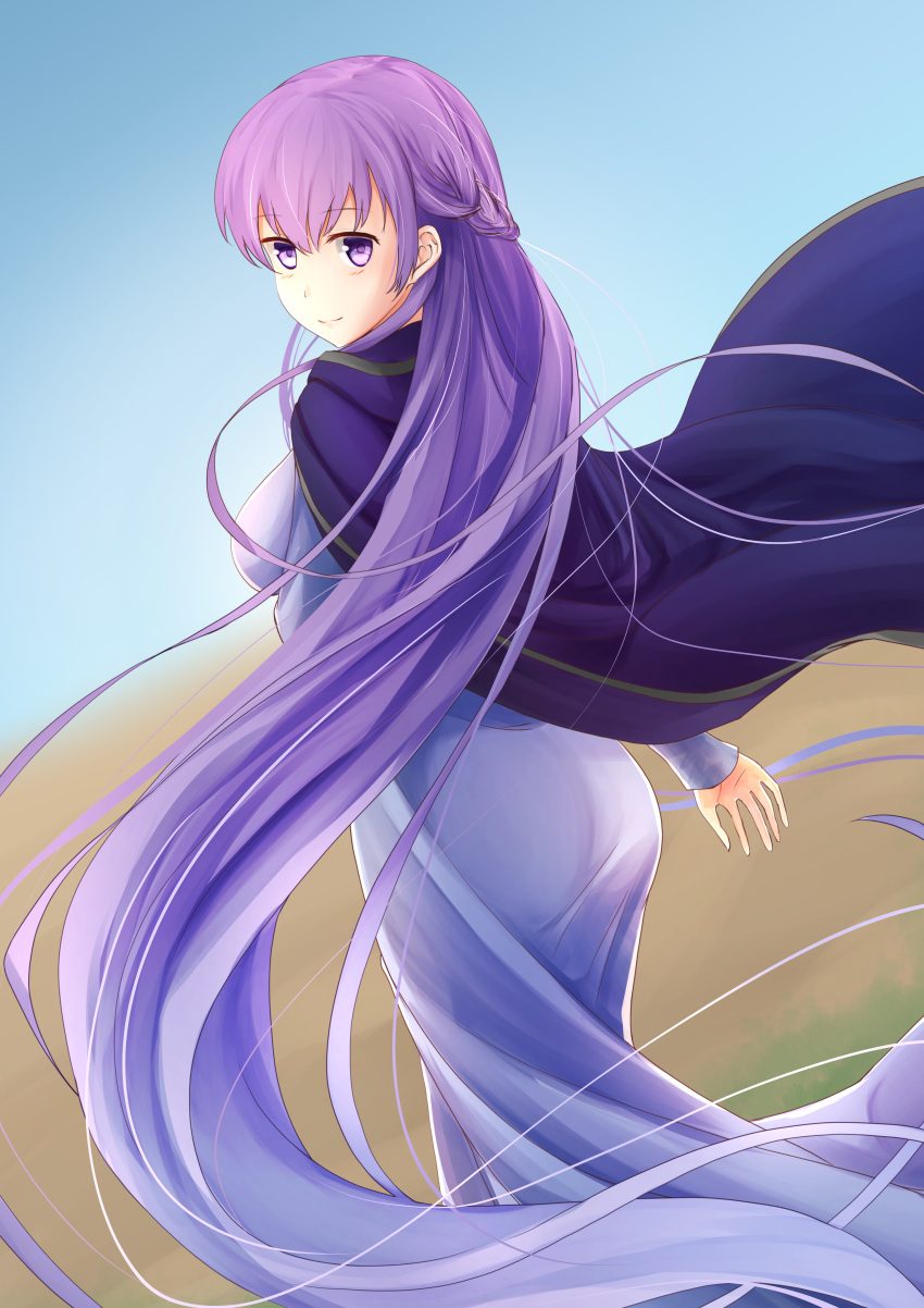 1girl absurdly_long_hair absurdres ass blue_dress blue_sky breasts cloak desert dress eeryuu_(2004107) fire_emblem fire_emblem:_the_binding_blade highres long_dress long_hair long_sleeves looking_at_viewer looking_back medium_breasts outdoors purple_hair sky smile solo sophia_(fire_emblem) very_long_hair violet_eyes