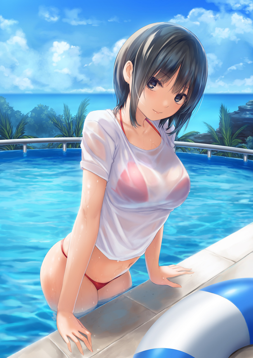 1girl absurdres aoyama_sumika bangs bikini bikini_under_clothes black_eyes black_hair blue_sky breasts closed_mouth clouds cloudy_sky coffee-kizoku collarbone commentary_request day eyebrows_visible_through_hair halterneck highres innertube light_smile looking_at_viewer medium_breasts navel no_pants ocean original outdoors partially_submerged pool poolside red_bikini see-through shiny shiny_hair shiny_skin shirt short_hair short_sleeves skindentation sky solo string_bikini swimsuit t-shirt thighs water water_drop wet wet_clothes wet_shirt wet_t-shirt white_shirt