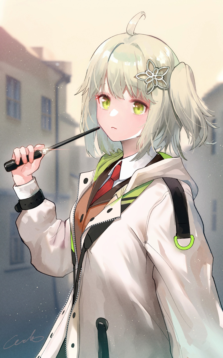 1girl absurdres ahoge arknights blonde_hair brown_vest building collared_shirt glint green_eyes hair_ornament hand_up highres holding holding_wand hood jacket long_sleeves looking_at_viewer necktie one_side_up open_clothes open_jacket outdoors red_necktie scene_(arknights) shirt short_hair signature solo star_(symbol) star_hair_ornament upper_body vest wand welt_(kinsei_koutenkyoku) white_jacket white_shirt yellow_sky